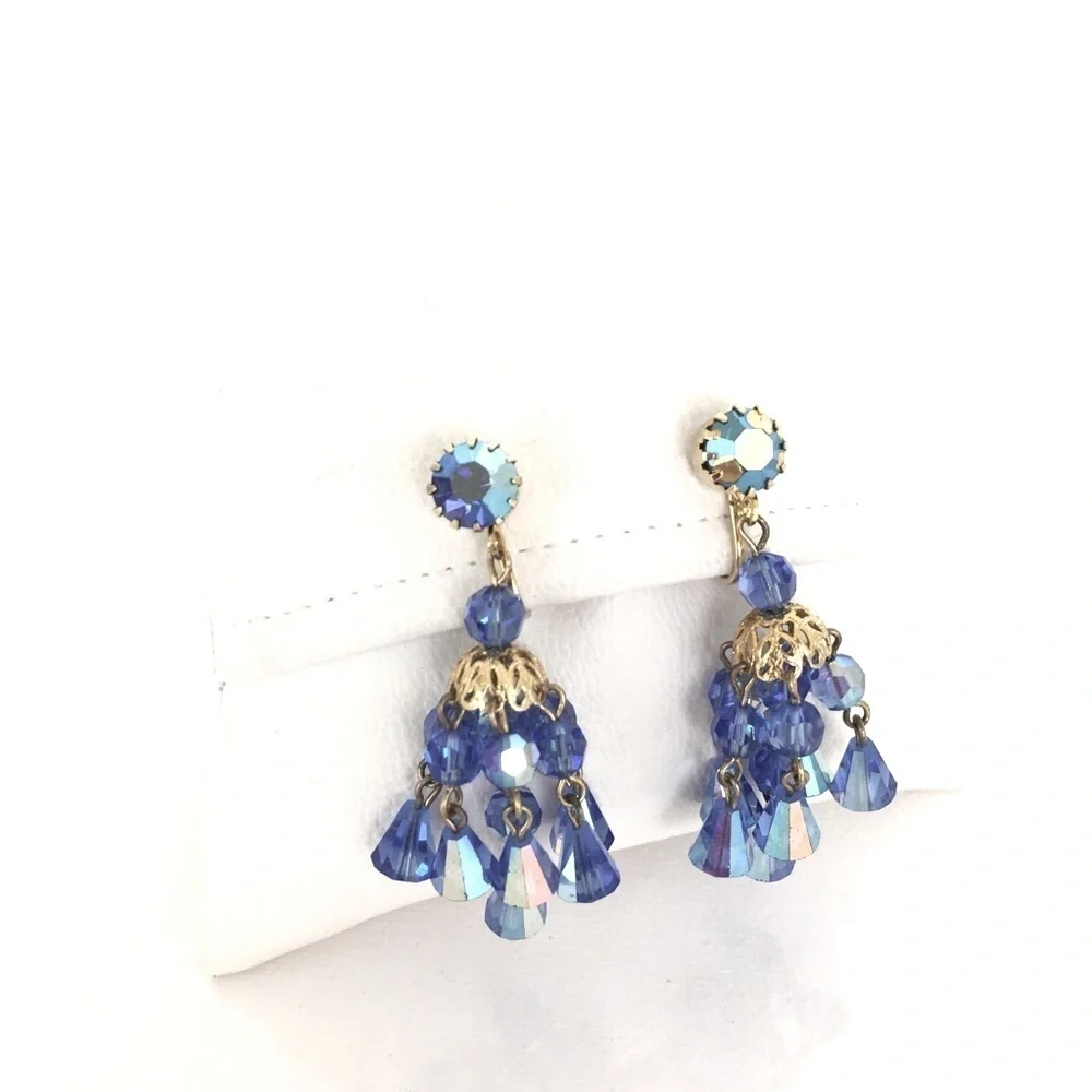 Vintage Hattie Carnegie Signed Austrian Crystal Blue Chandelier Clip Earrings